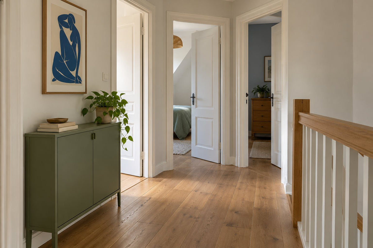 Overloop met witte deuren, ondiepe groene kast en blauwe poster, met vrije doorgang.