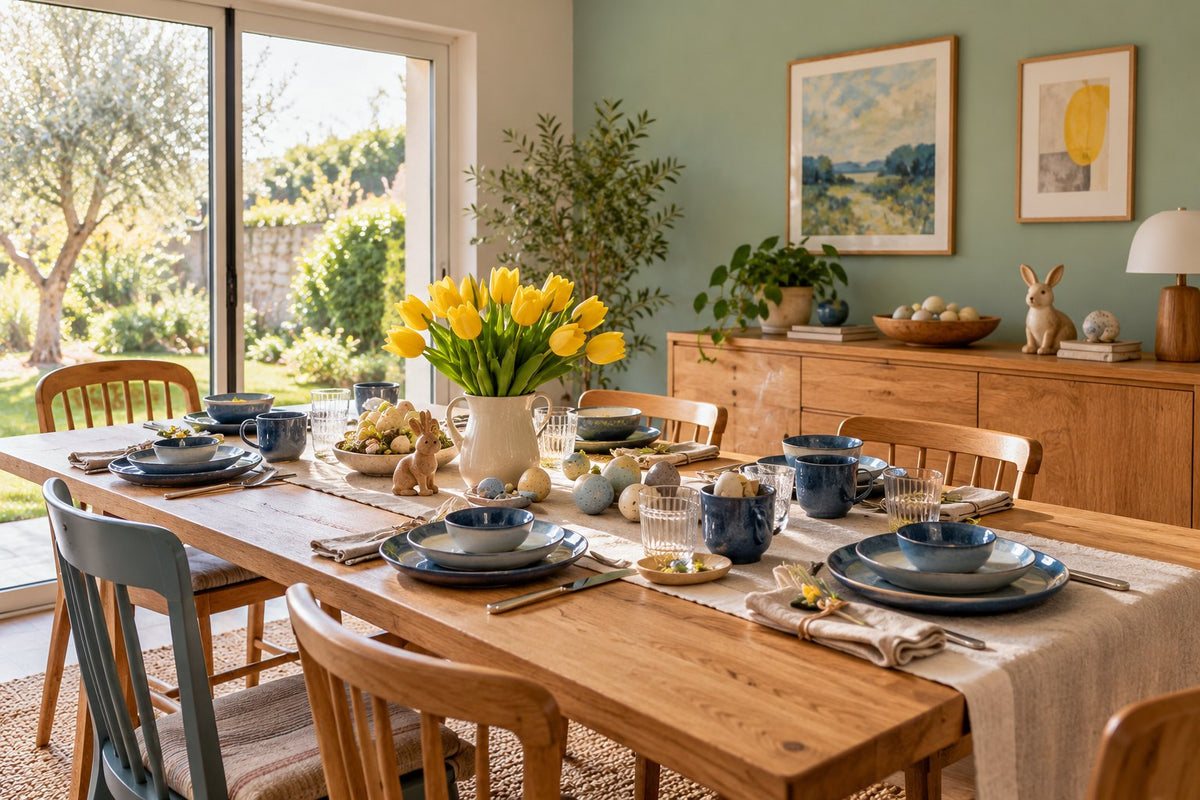 Table de Pâques avec vaisselle bleue, fleurs jaunes et quelques décorations sur un buffet