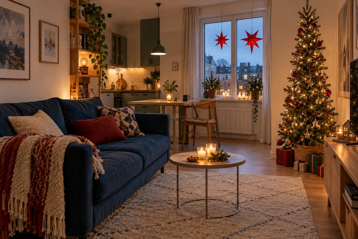 Klein appartement versierd voor kerst met smalle boom, blauwe bank en vrije tafel