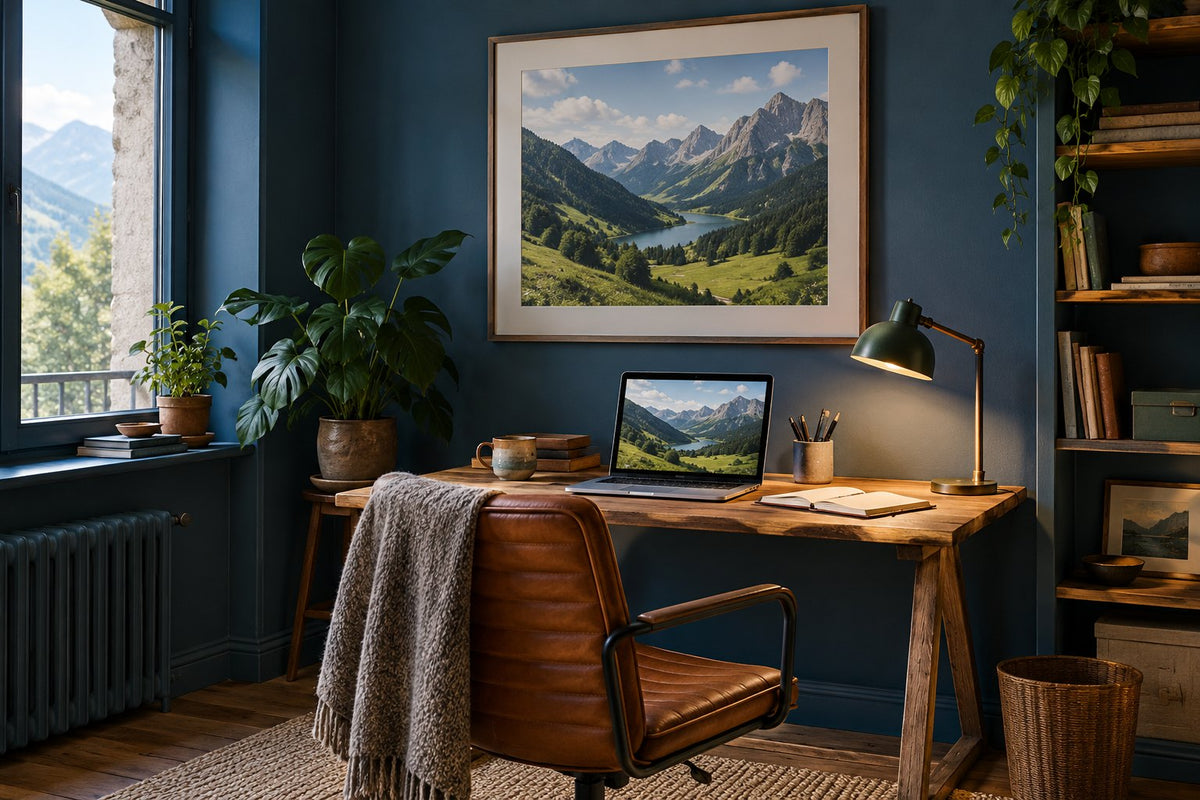 Affiche personnalisée d’un paysage de voyage dans un bureau bleu avec photographie originale sur écran