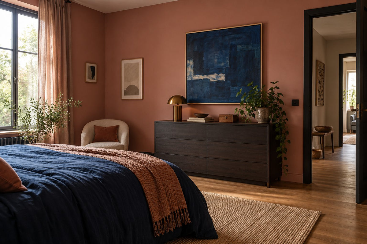 Camera con pareti rosa antico, cassettiera scura e quadro blu sopra il mobile