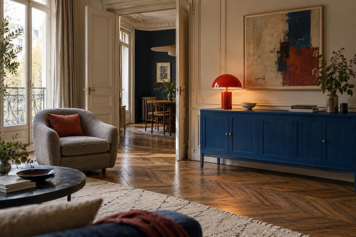 Rode lamp op een blauw dressoir in een woonkamer met een grijze fauteuil en oude parketvloer.