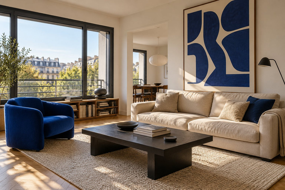 Woonkamer met beige bank, felblauwe fauteuil, donkere tafel en grote grafische poster.