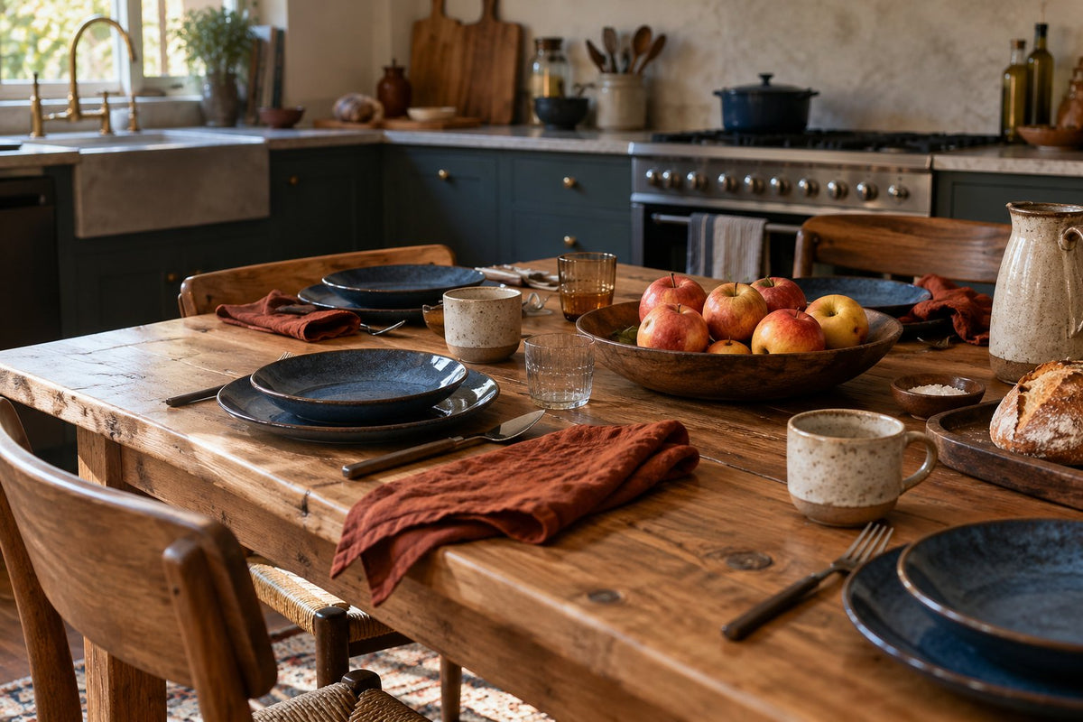 Autumn table with blue plates, russet-brown napkins and a bowl of apples