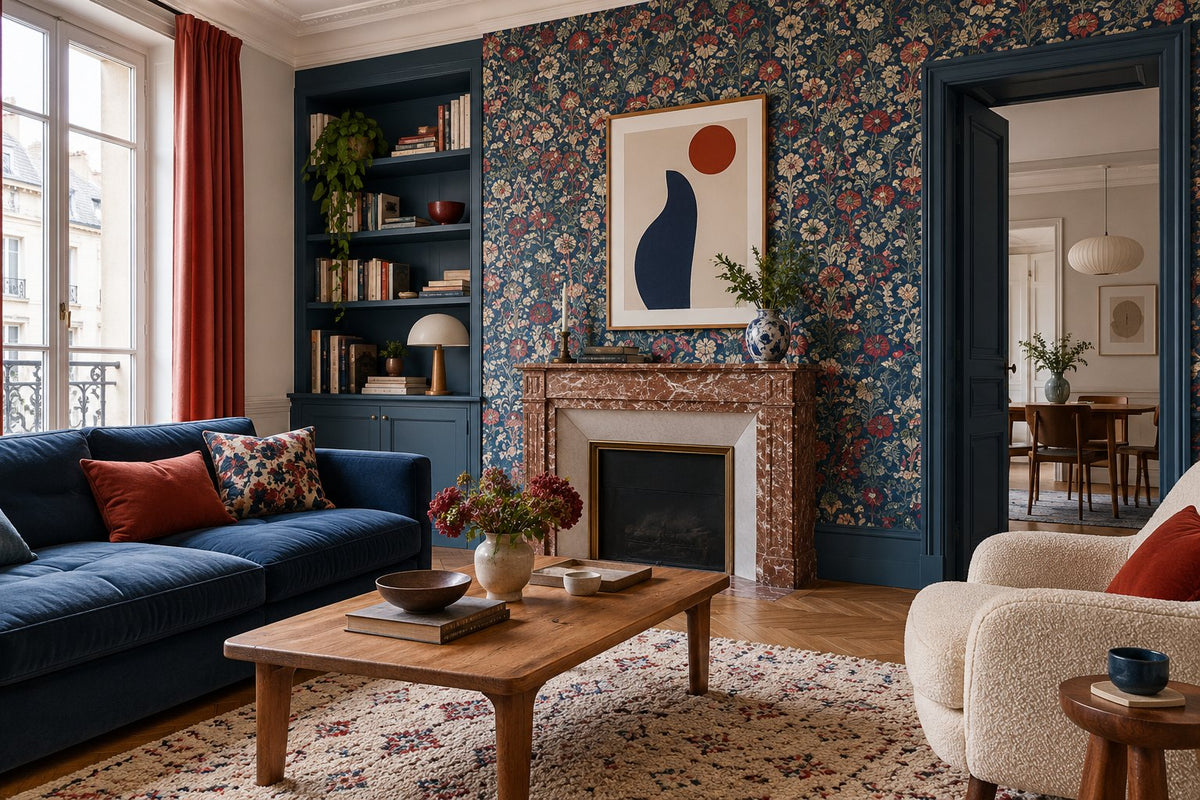 Affiche minimaliste encadrée sur un papier peint floral bleu et rouge dans un salon
