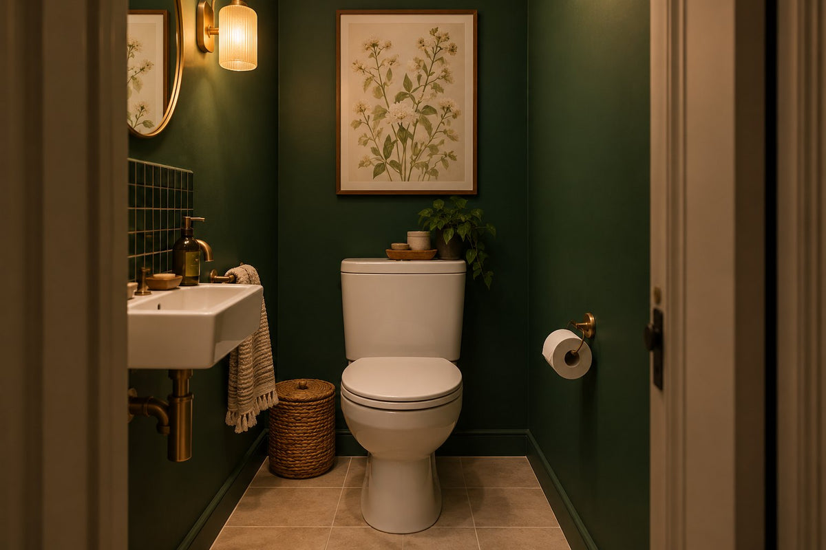 Toilettes sans fenêtre avec mur vert profond, sanitaires blancs et affiche florale claire.