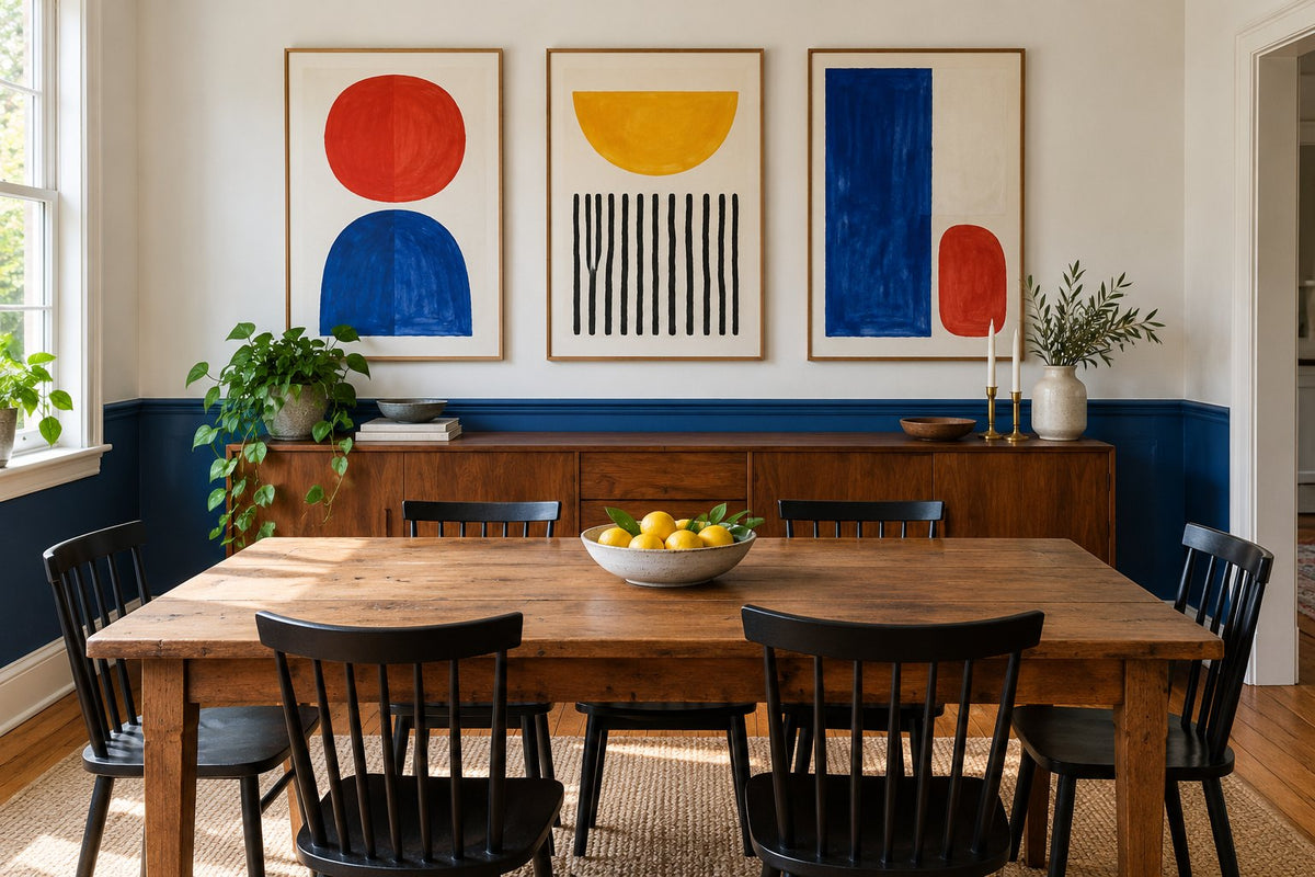 Trois affiches géométriques colorées au-dessus d’un buffet, mur blanc et soubassement bleu.