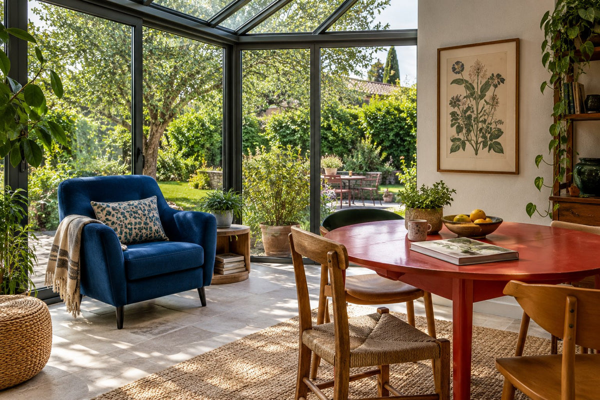 Véranda habitée avec fauteuil bleu, table rouge et affiche botanique sur un mur intérieur protégé.