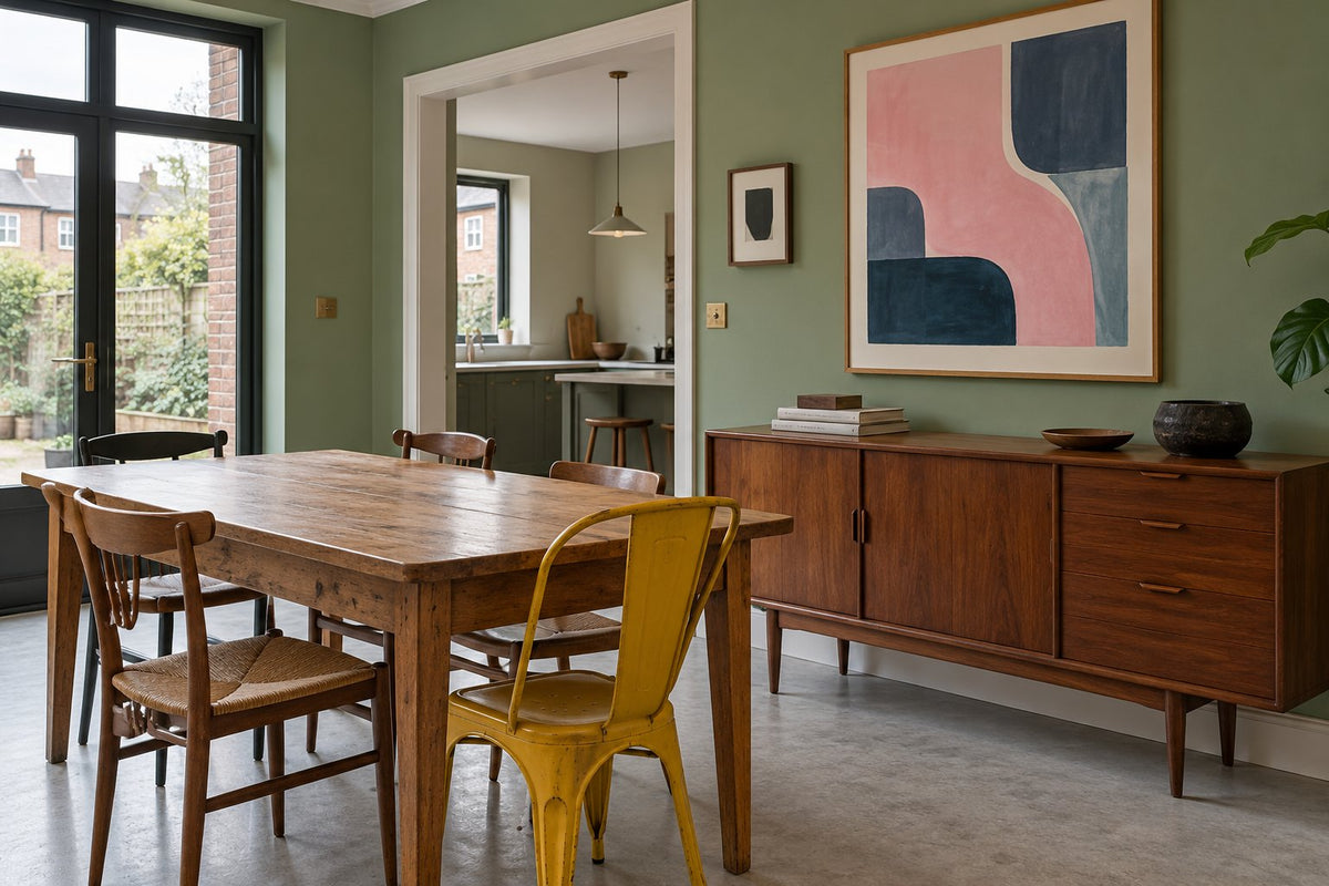 Saliegroene muur, bruin dressoir en roze-blauwe poster in een eetkamer