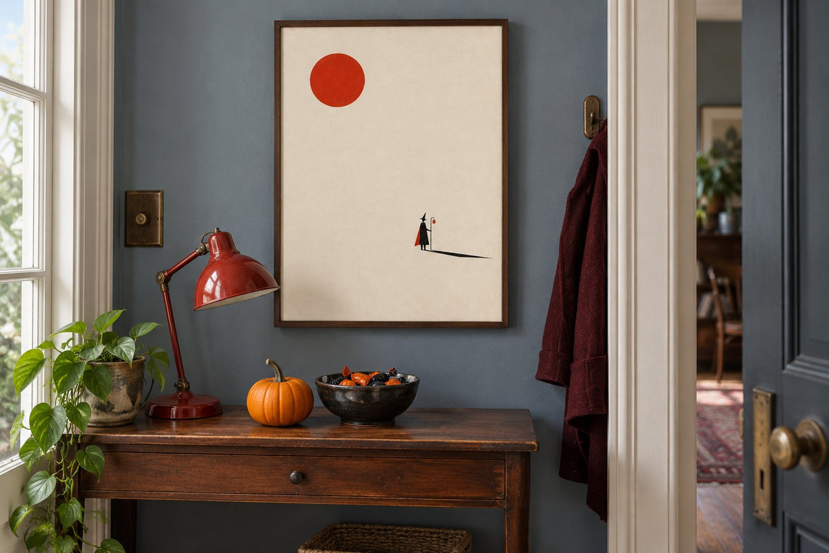 Heksenposter met een rode schijf in een blauwe hal, boven een sidetable met een pompoen.
