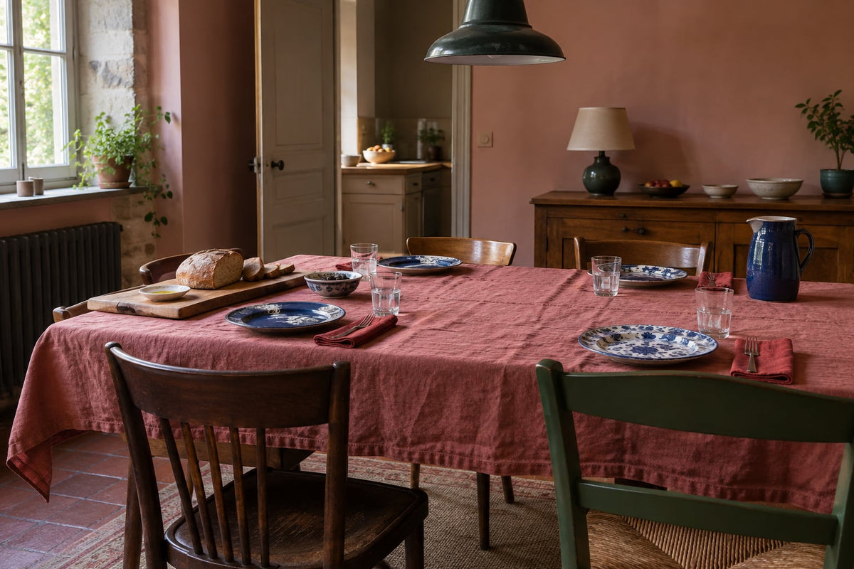 Tafel in een roze kamer met blauwe borden, rode servetten en verschillende stoelen.