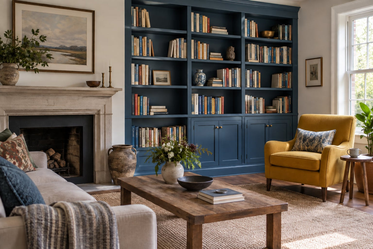 Diepblauwe boekenkast met boeken en enkele keramieken naast een gele fauteuil.