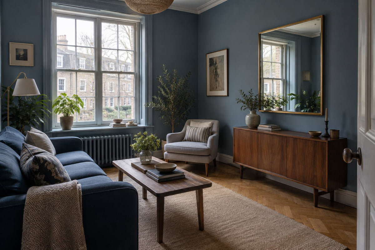 Kleines blaues Wohnzimmer mit rechteckigem Spiegel, der ein seitliches Fenster zeigt.