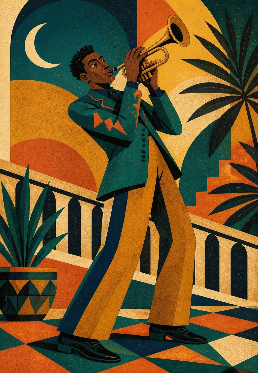 Illustration : un trompettiste en aplats de couleur