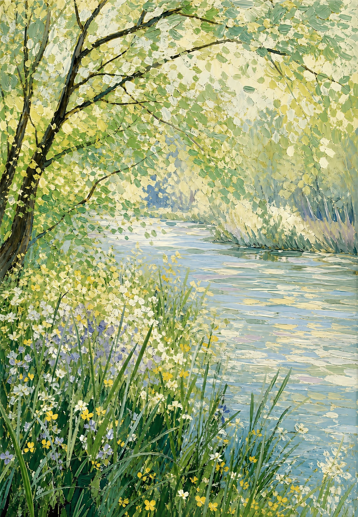 Peinture : une riviere au printemps, touche large