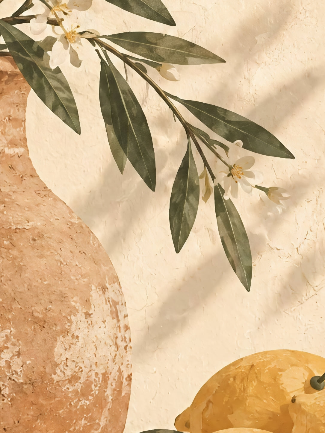 Affiche zoomée, Cruche en terre cuite, branche d'olivier et bol de citrons