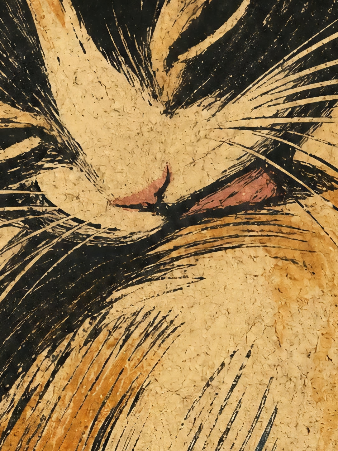 Affiche zoomée, Le chat tricolore assoupi à l'encre