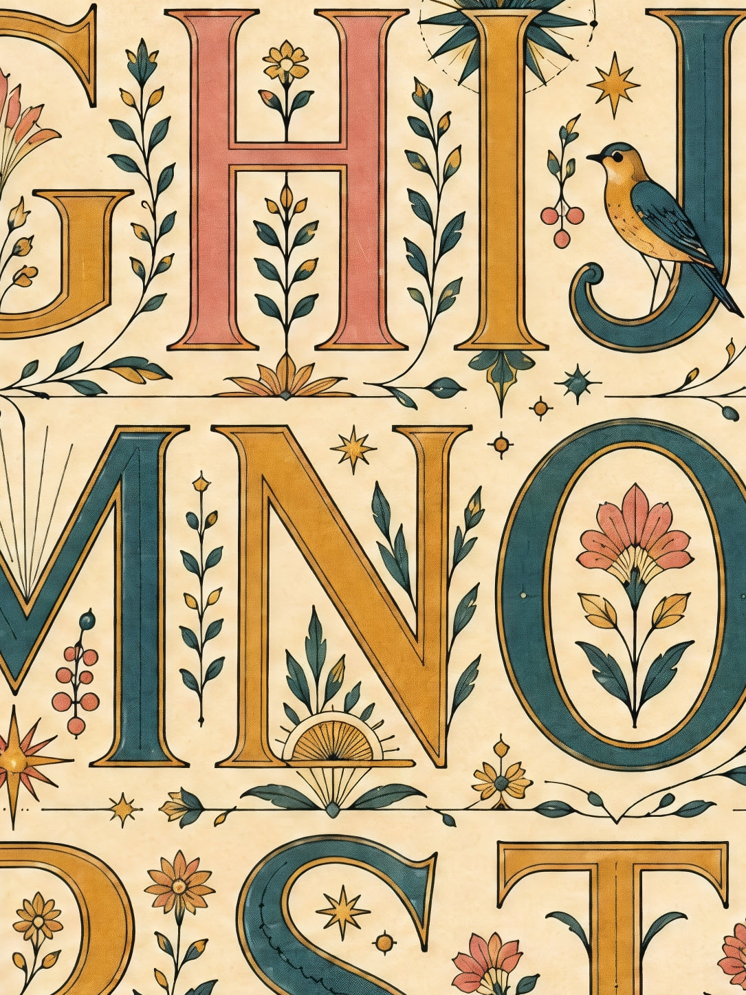 Detail a taille reelle du tirage, affiche abecedaire fleuri paysage