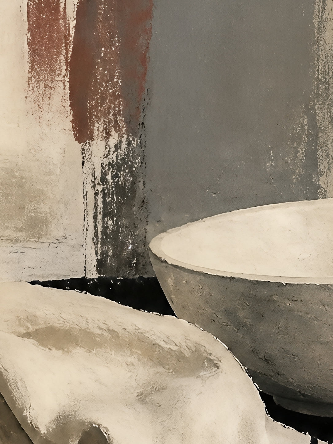 Detail a taille reelle du tirage, affiche abstrait le bol de pierre et le linge