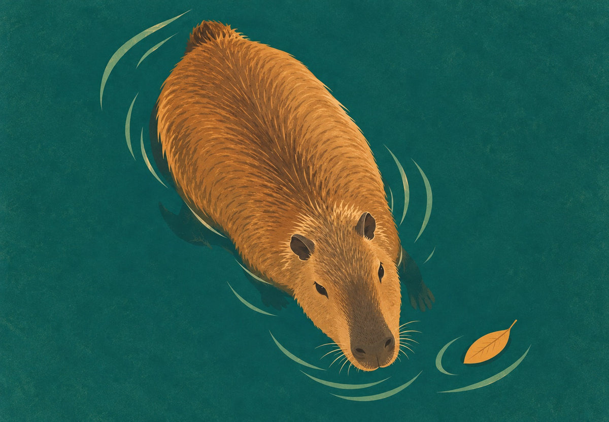 Capivara a nadar junto a uma folha (Horizontal)