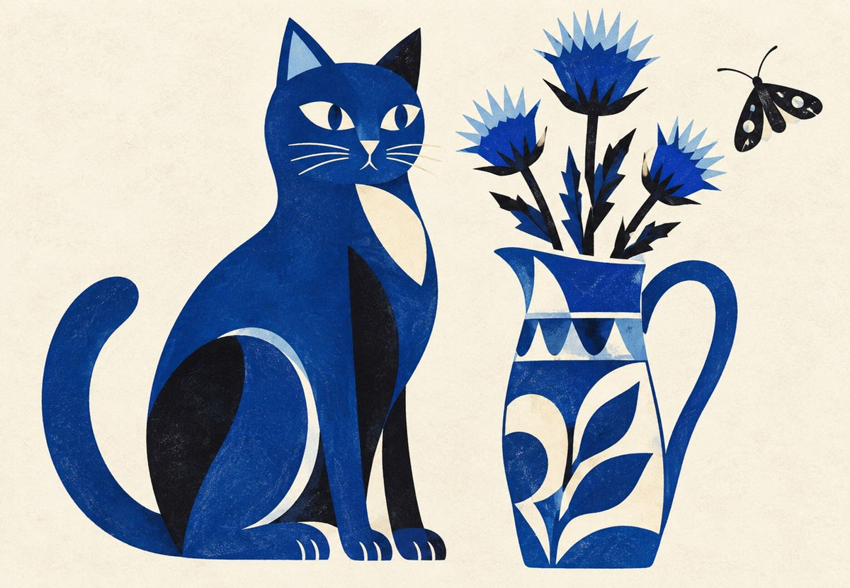 Chat bleu au bouquet de chardons