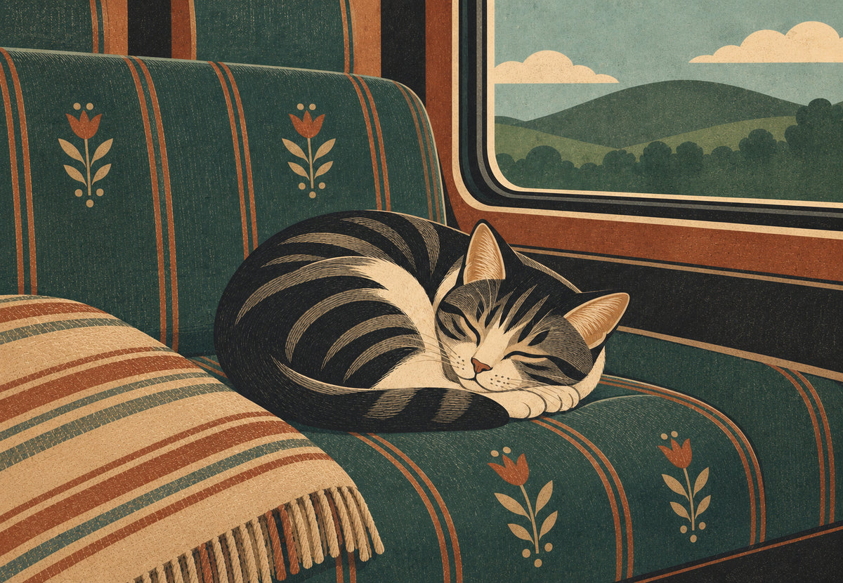Schlafende Katze im Zugabteil (Querformat)