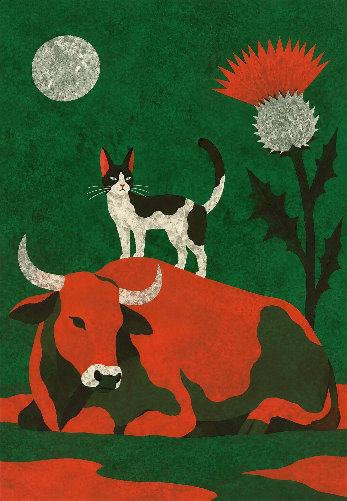 Chat et taureau sous la pleine lune