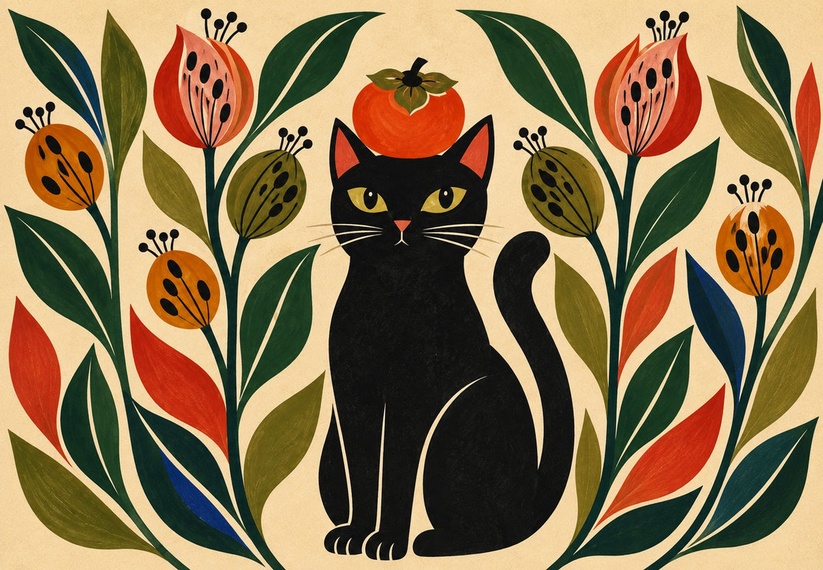 Schwarze Katze mit Kaki (Querformat)