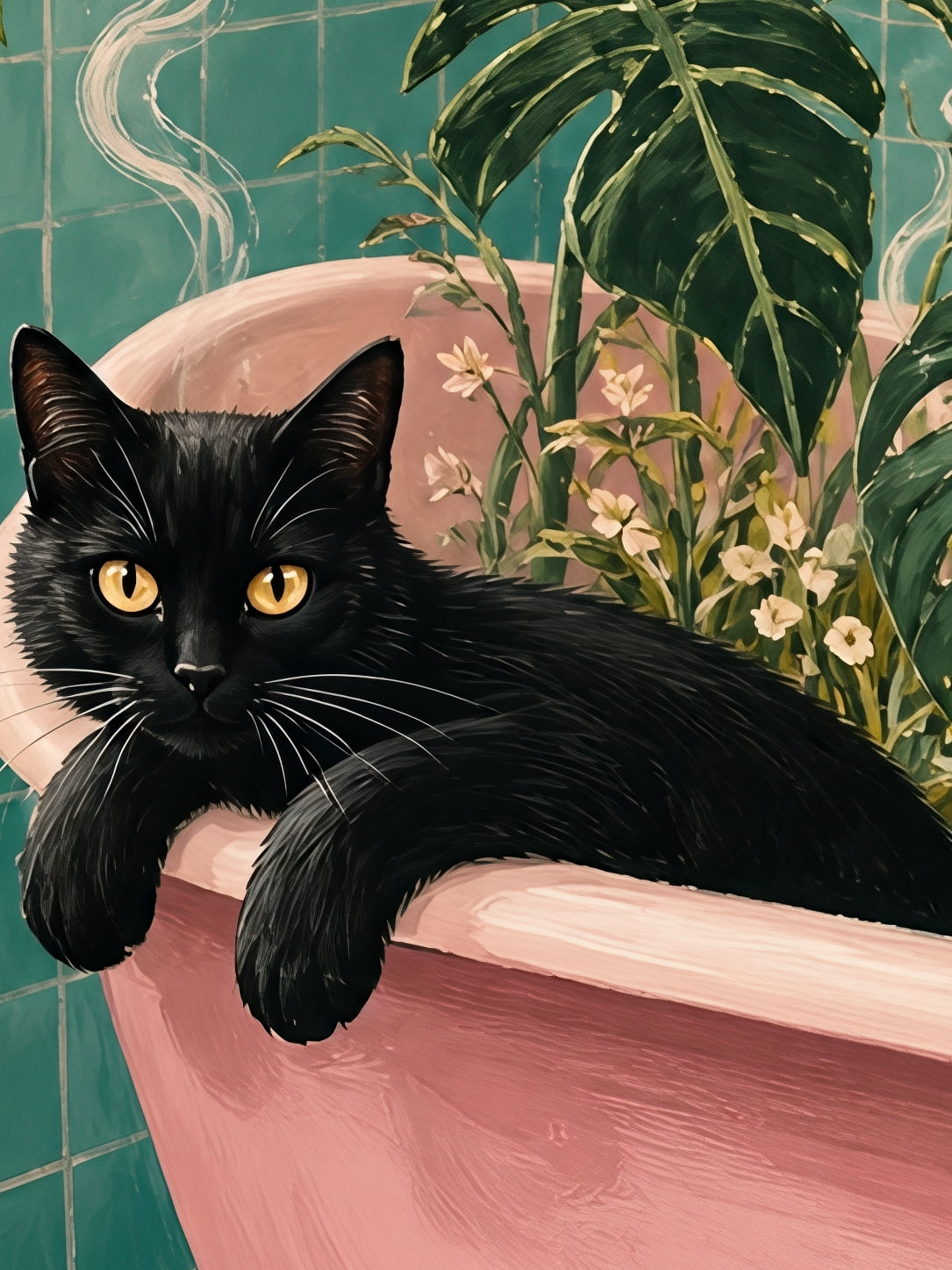 Detail a taille reelle du tirage, affiche animaux chat noir dans bain de plantes