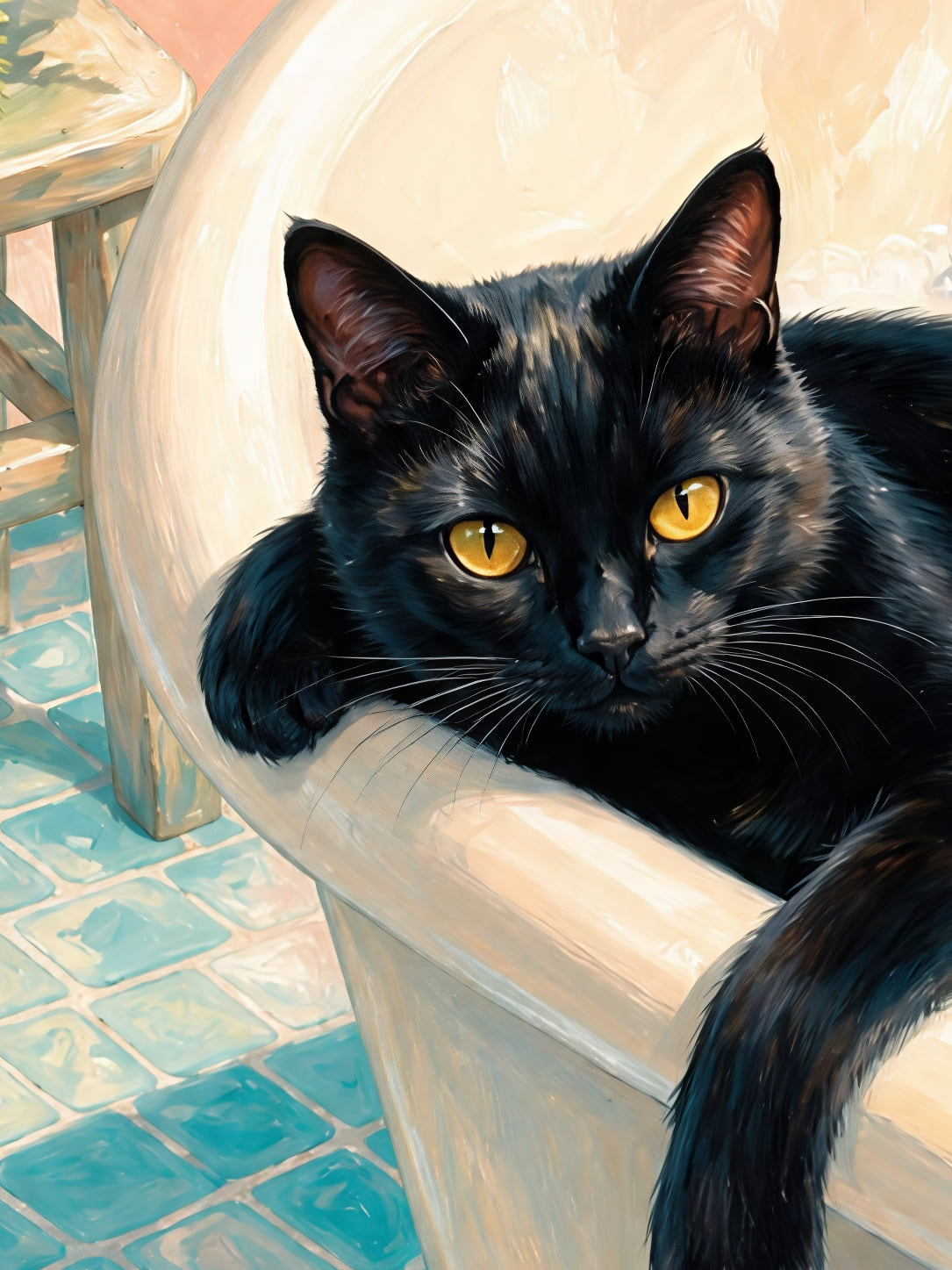 Detail a taille reelle du tirage, affiche animaux chat noir dans le bain moussant