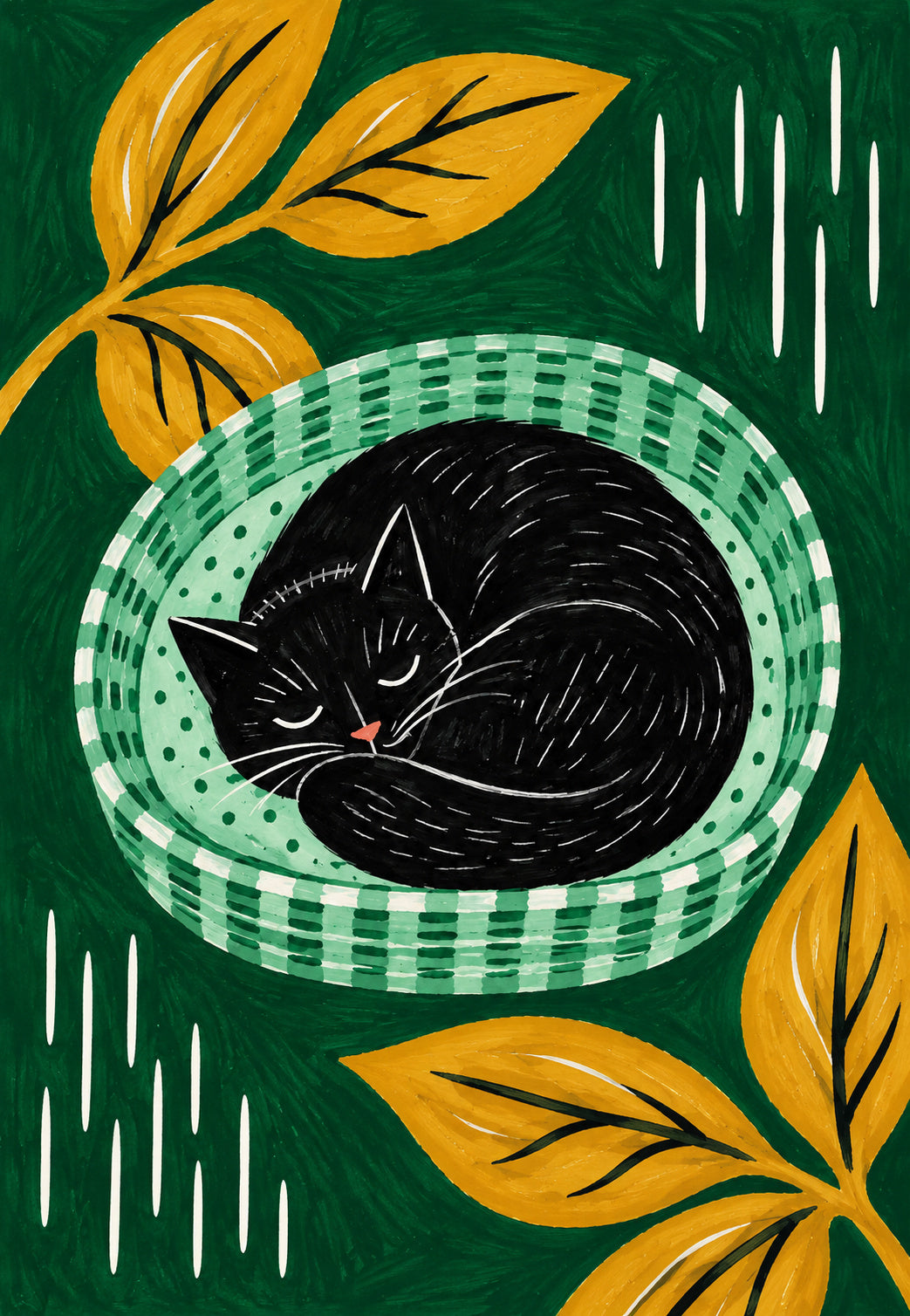 Chat noir endormi dans un panier tressé