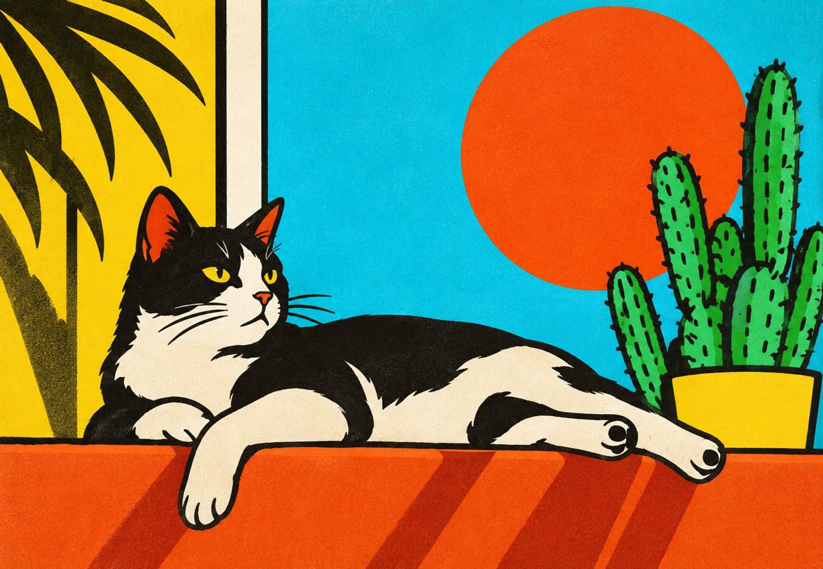 Black and White Cat in the Sun Between a Palm and a Cactus
