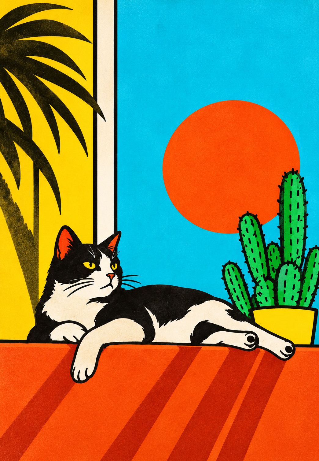 Schwarz-weiße Katze in der Sonne zwischen Palme und Kaktus