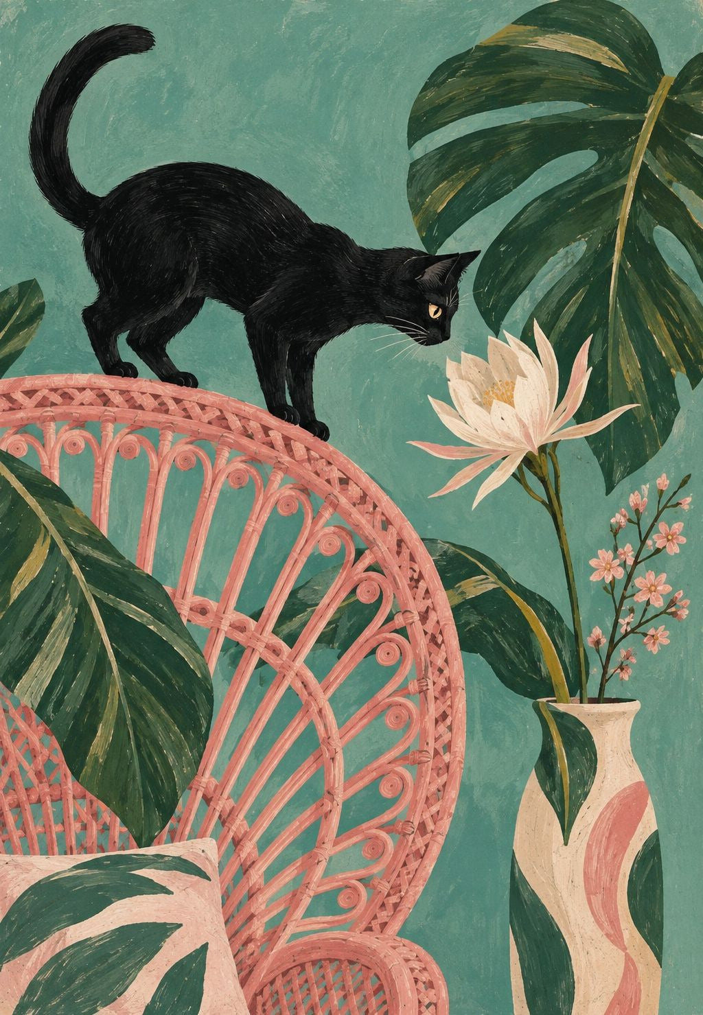 Svart katt och lotusblomma
