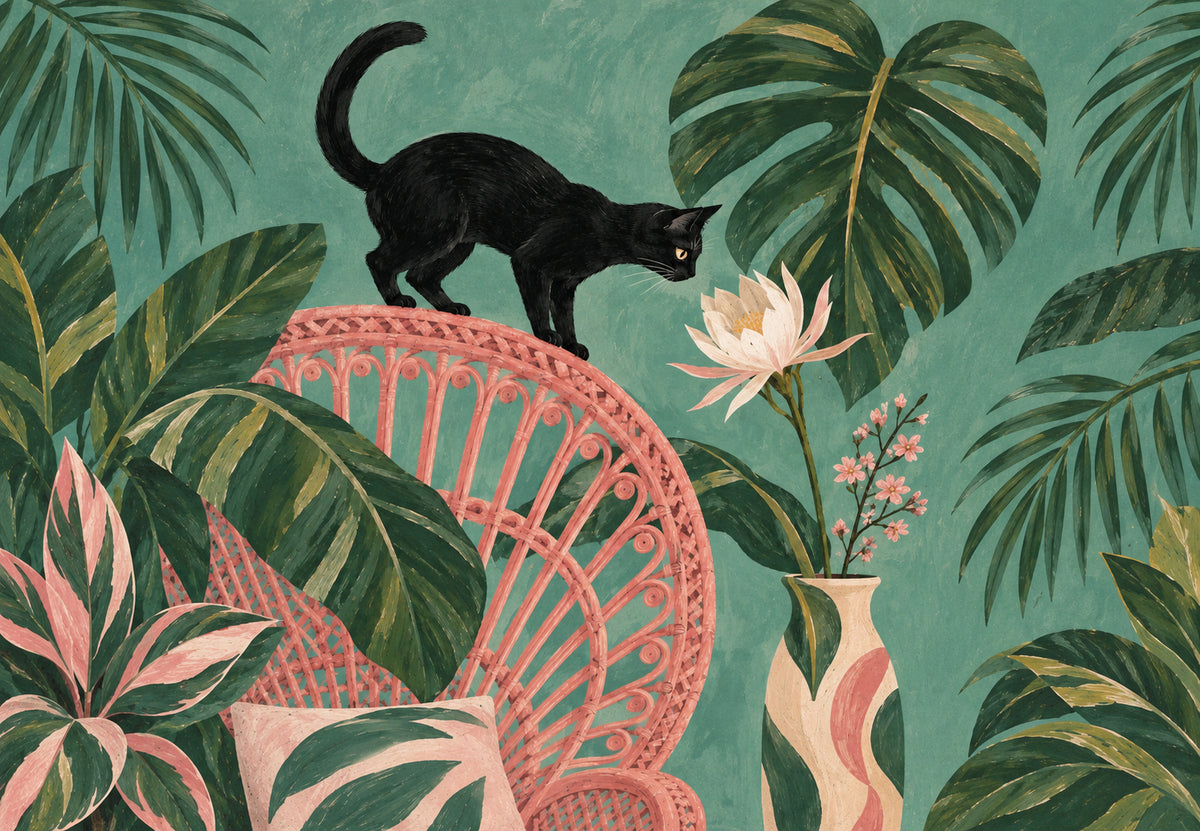 Schwarze Katze und Lotusblüte (Querformat)