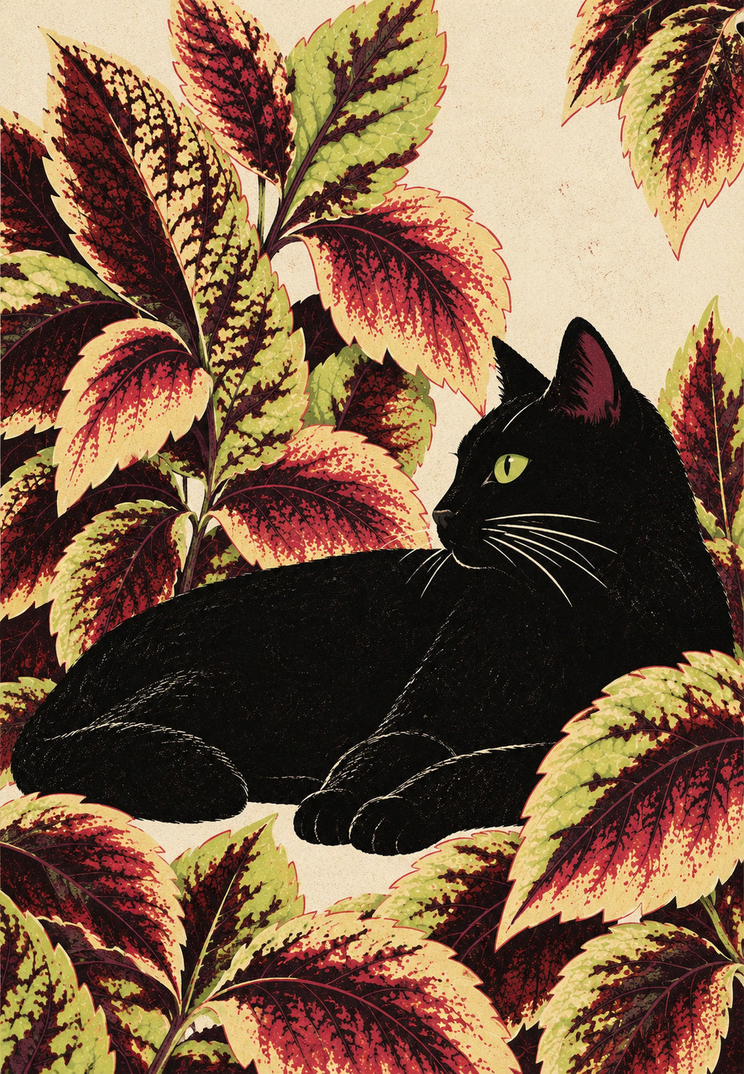 Gatto nero sotto le foglie viola