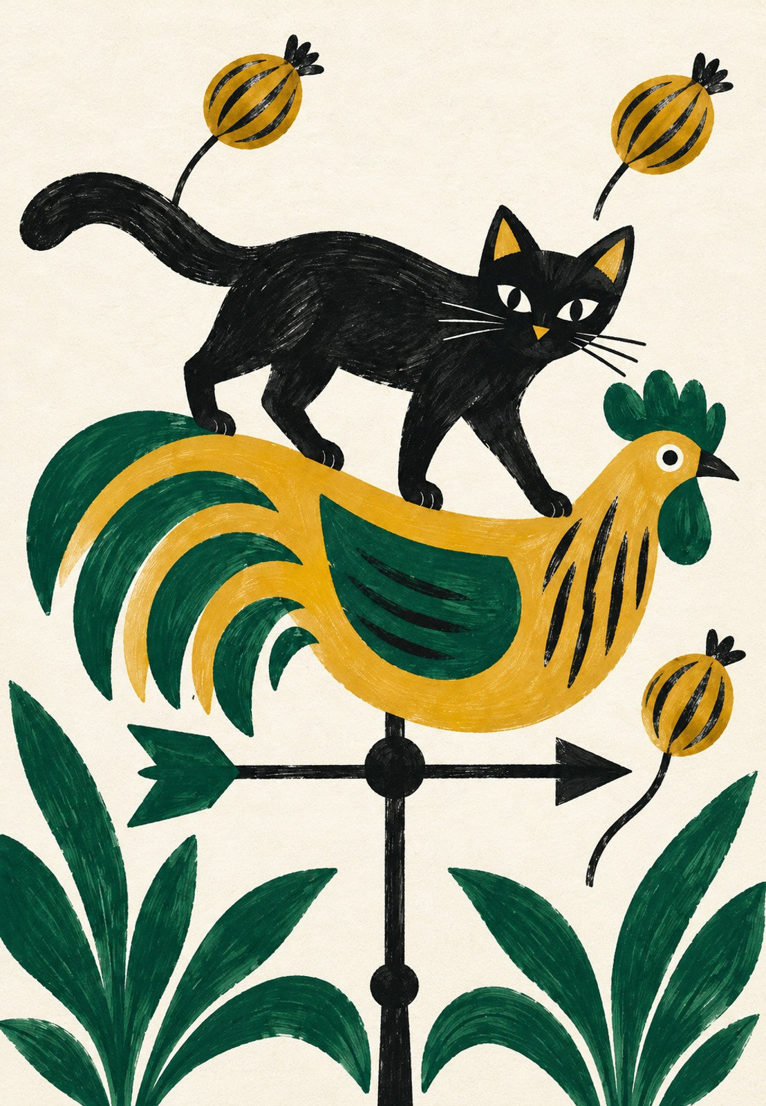 Schwarze Katze auf der Hahn-Wetterfahne