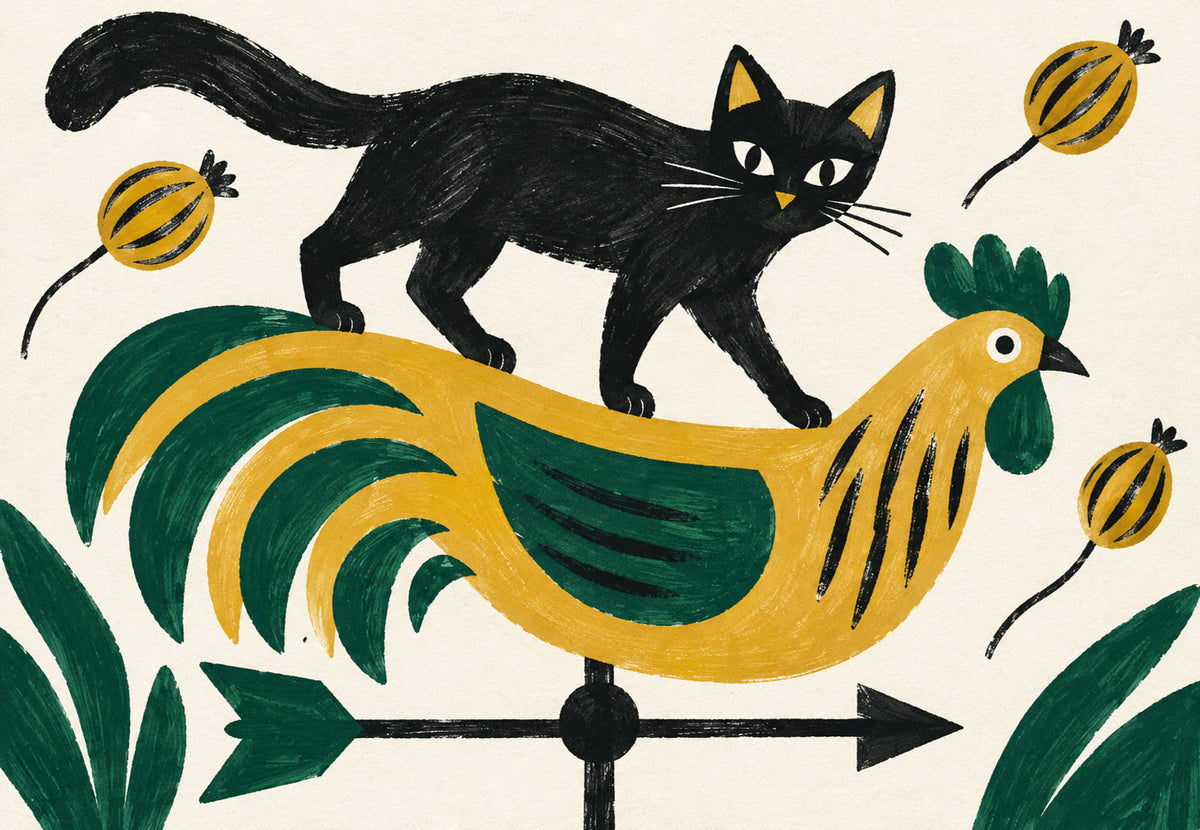 Schwarze Katze auf der Hahn-Wetterfahne (Querformat)