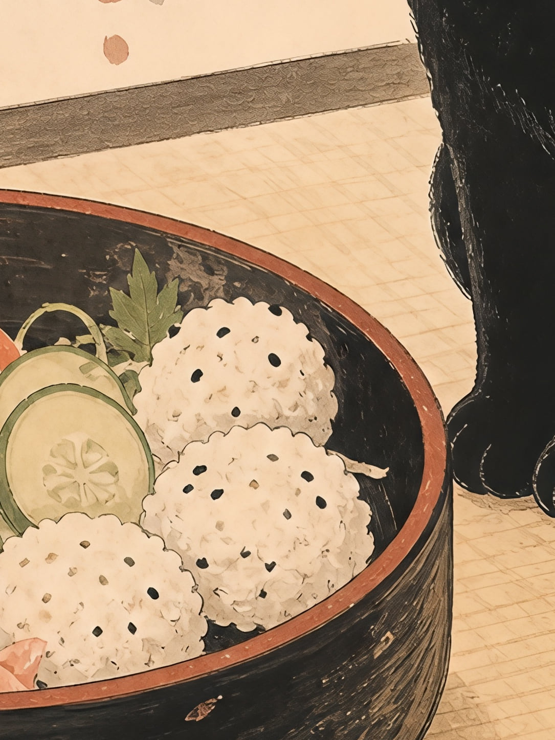 Detail a taille reelle du tirage, affiche animaux chaton et bol de sushi