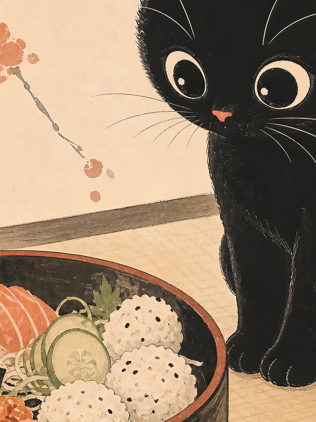 Detail a taille reelle du tirage, affiche animaux chaton et bol de sushi paysage