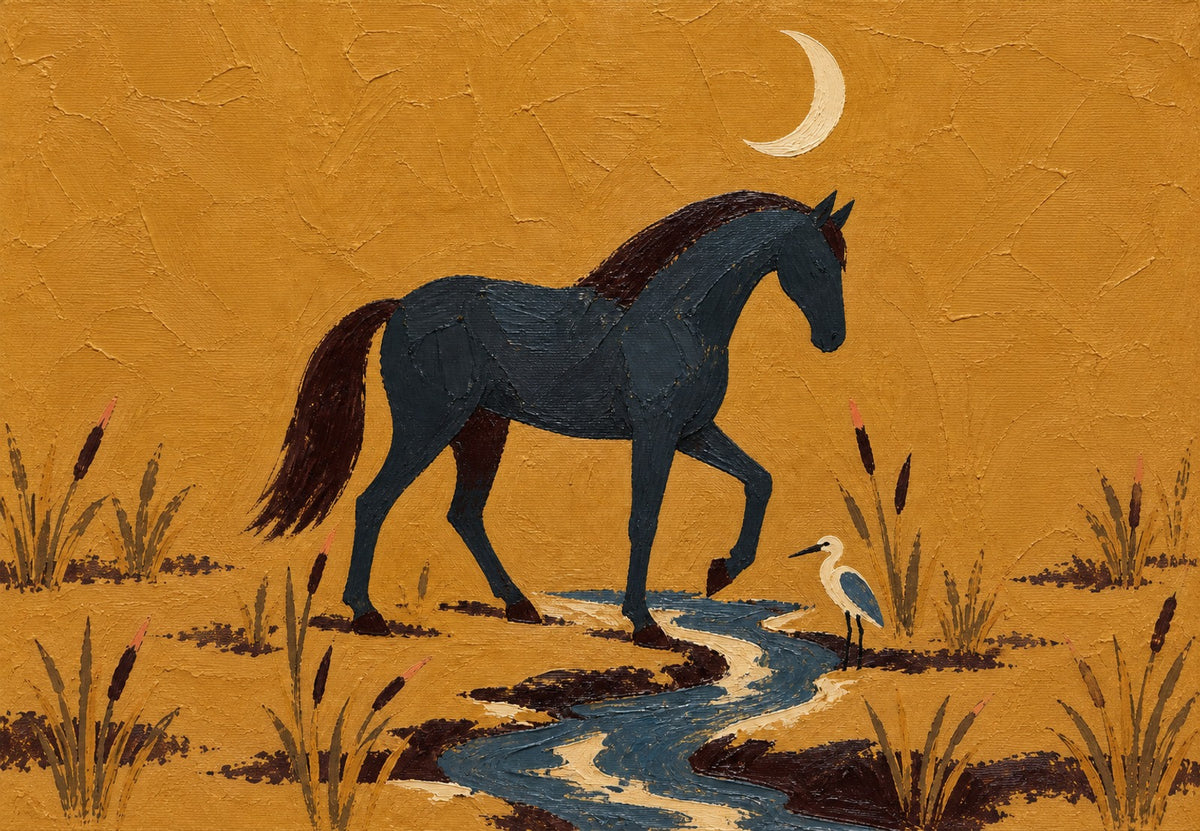 Horse and Heron Under the Moonlight (Landscape)
