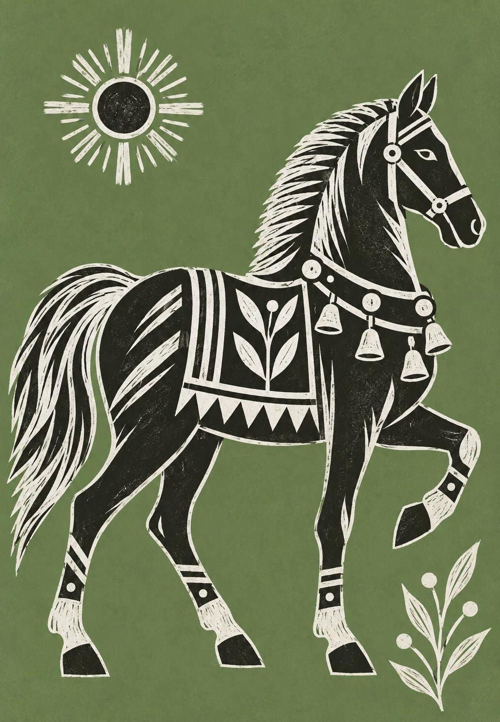 Schwarzes Pferd mit Glöckchen