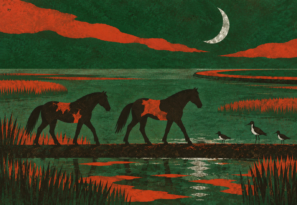 Pferde im Moor unter dem Mond (Querformat)