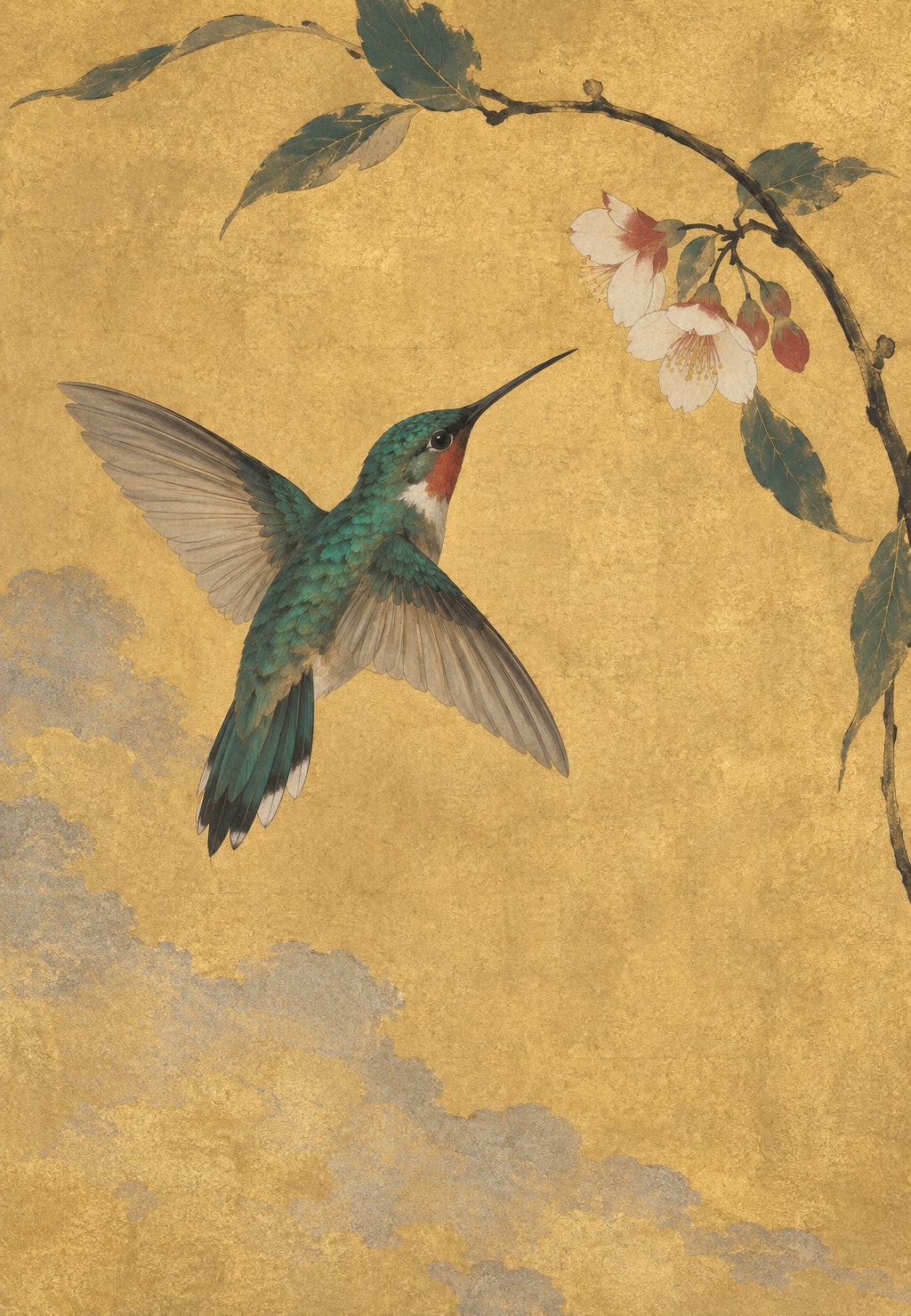 Hummingbird Beneath the Cherry Blossoms