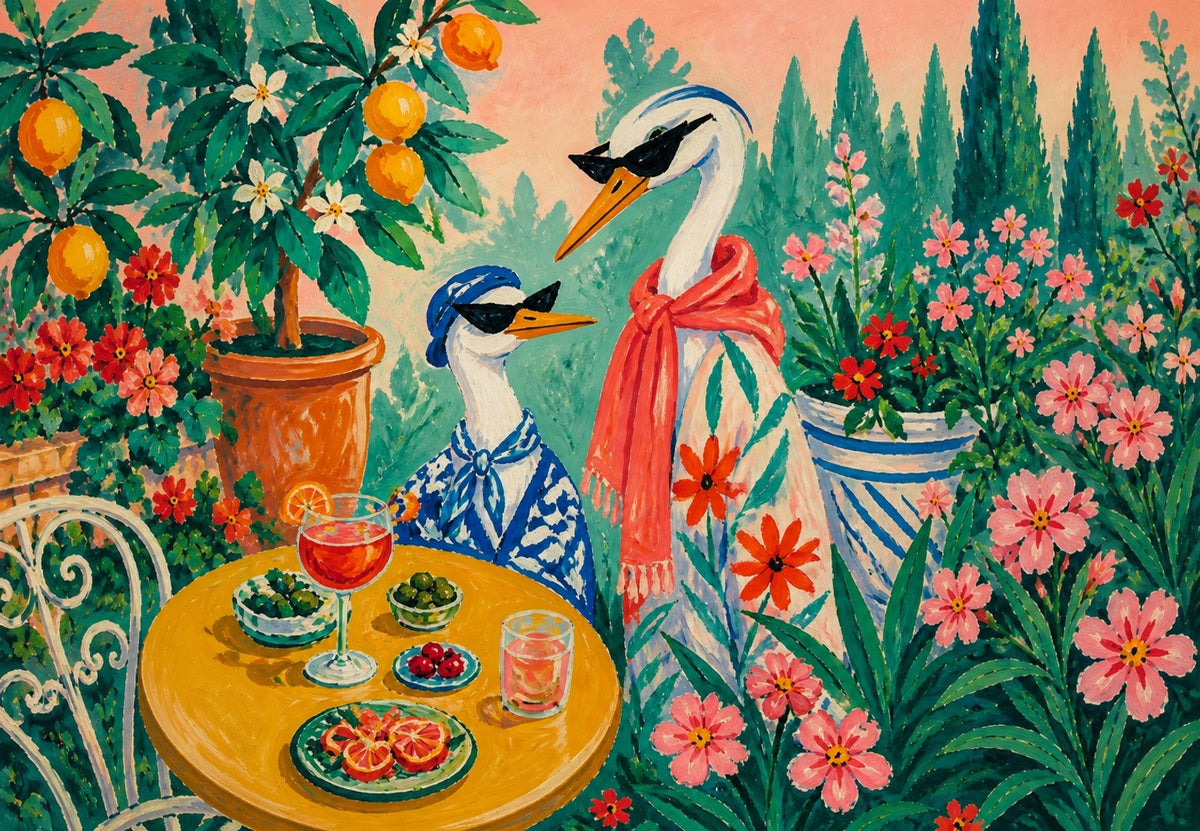 Two Elegant Herons at Aperitif (Landscape)