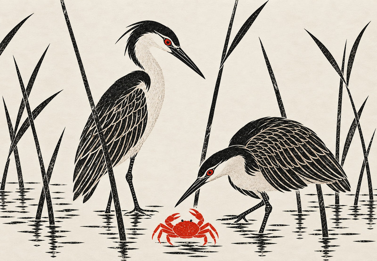 Two Herons and the Red Crab (Landscape)
