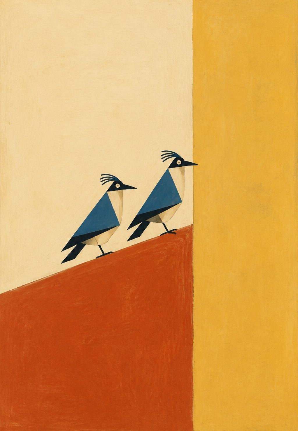Dos aves crestadas sobre la pendiente ocre