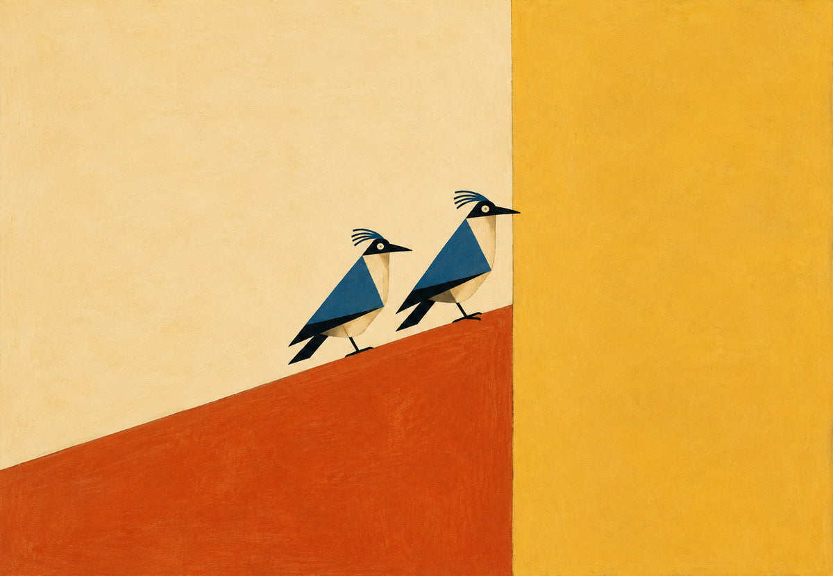 Deux oiseaux huppés sur la pente ocre (Paysage)