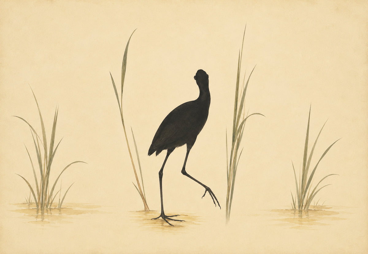 Schwarzer Watvogel im Schilf (Querformat)