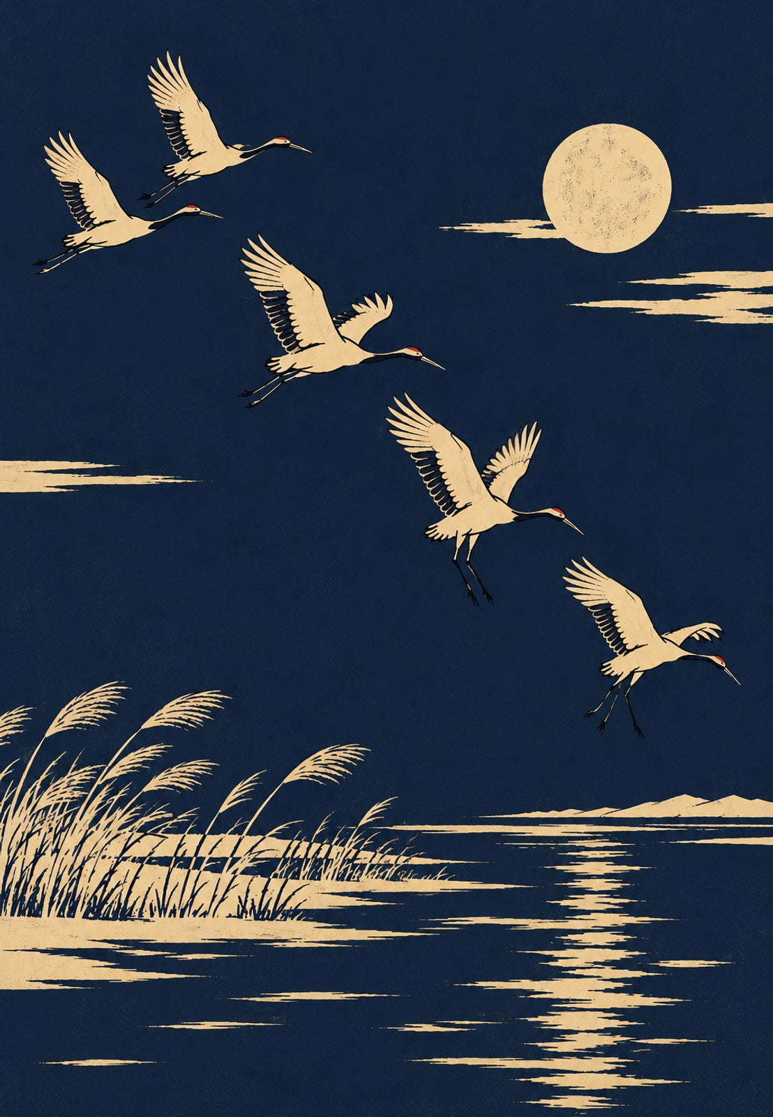 Cranes in Flight Under the Moon